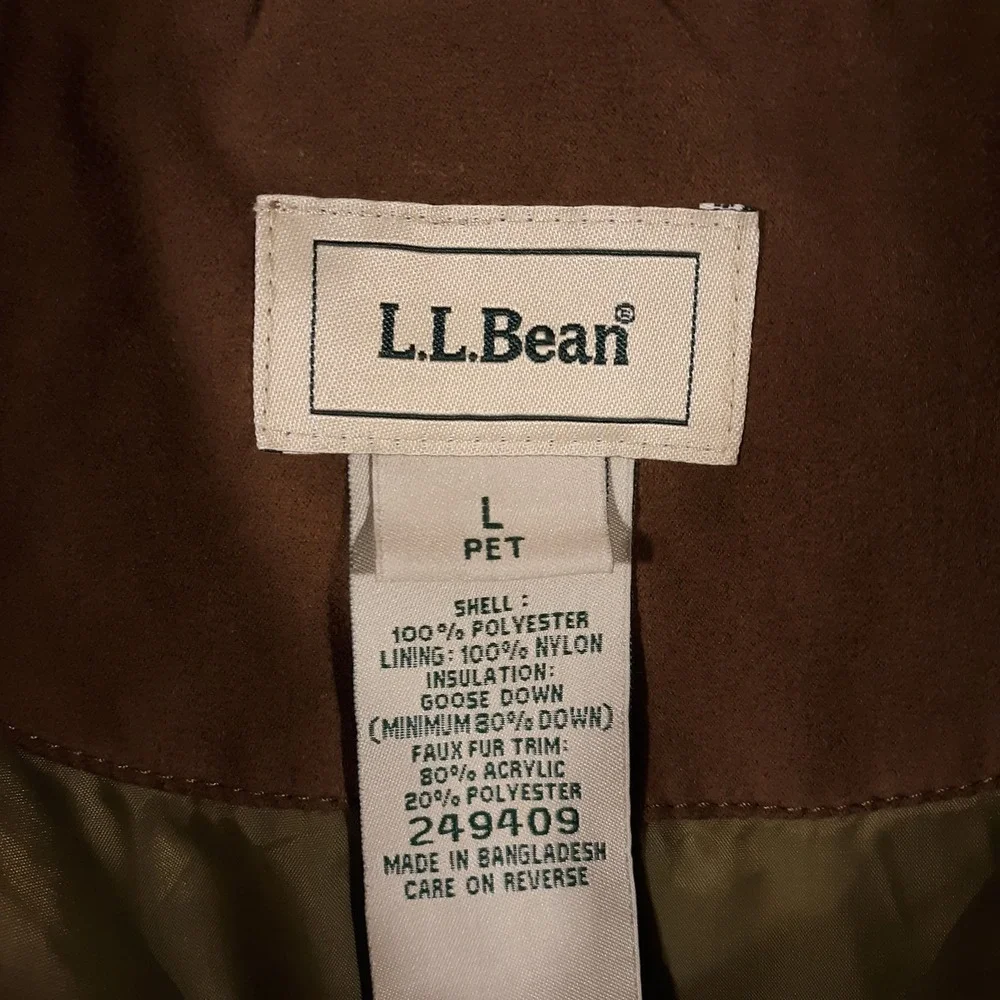 L.L. Bean Puffer Coat Jacket Womens Large Petite Goose Down Faux Fur Trim Brown - Picture 5 of 13